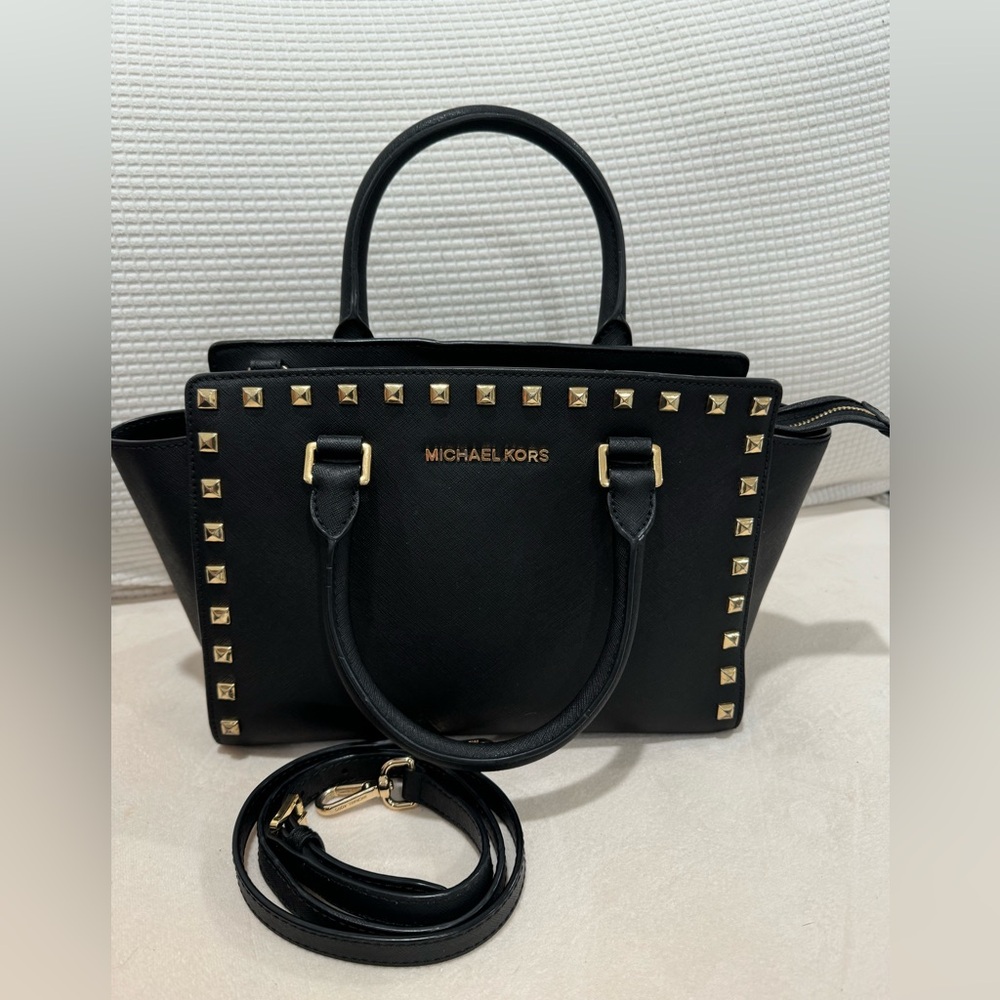 Michael Kors Black Gold Studded Selma Satchel